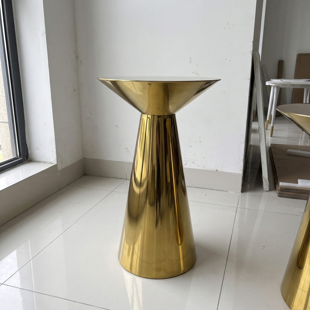 Gold Stainless Steel Round Coffee Side Table with Tapered Pedestal Base