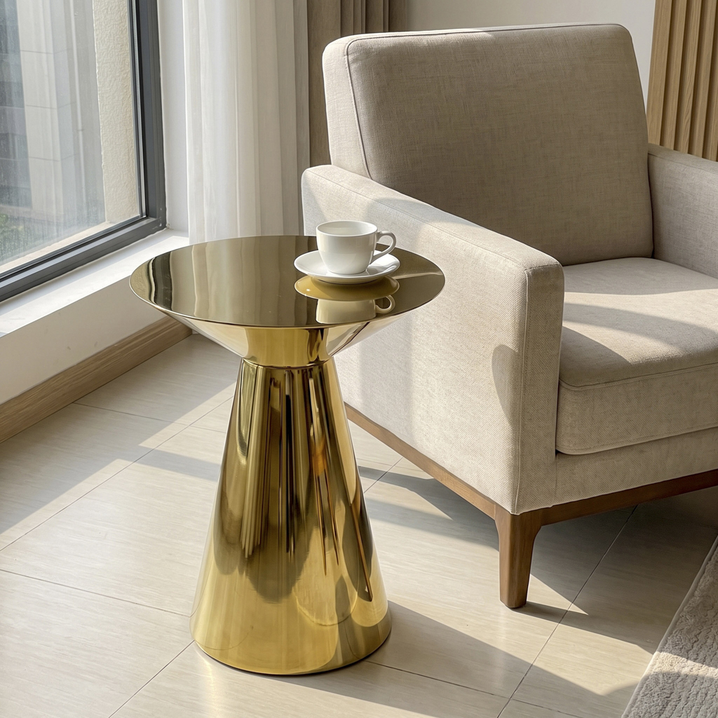 Gold Stainless Steel Round Coffee Side Table with Tapered Pedestal Base