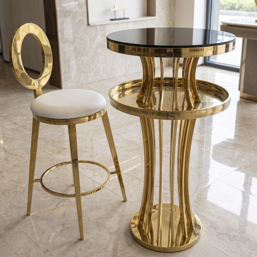 Gold Stainless Steel Bar Table with Vertical Textured Pedestal Base