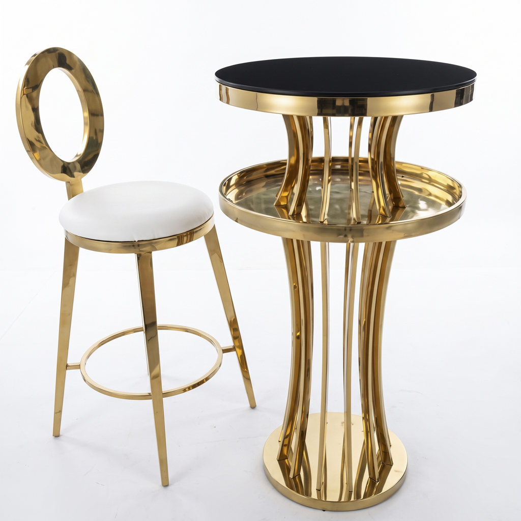 Gold Stainless Steel Bar Table with Vertical Textured Pedestal Base