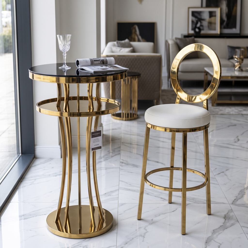 Gold Stainless Steel Bar Table with Vertical Textured Pedestal Base