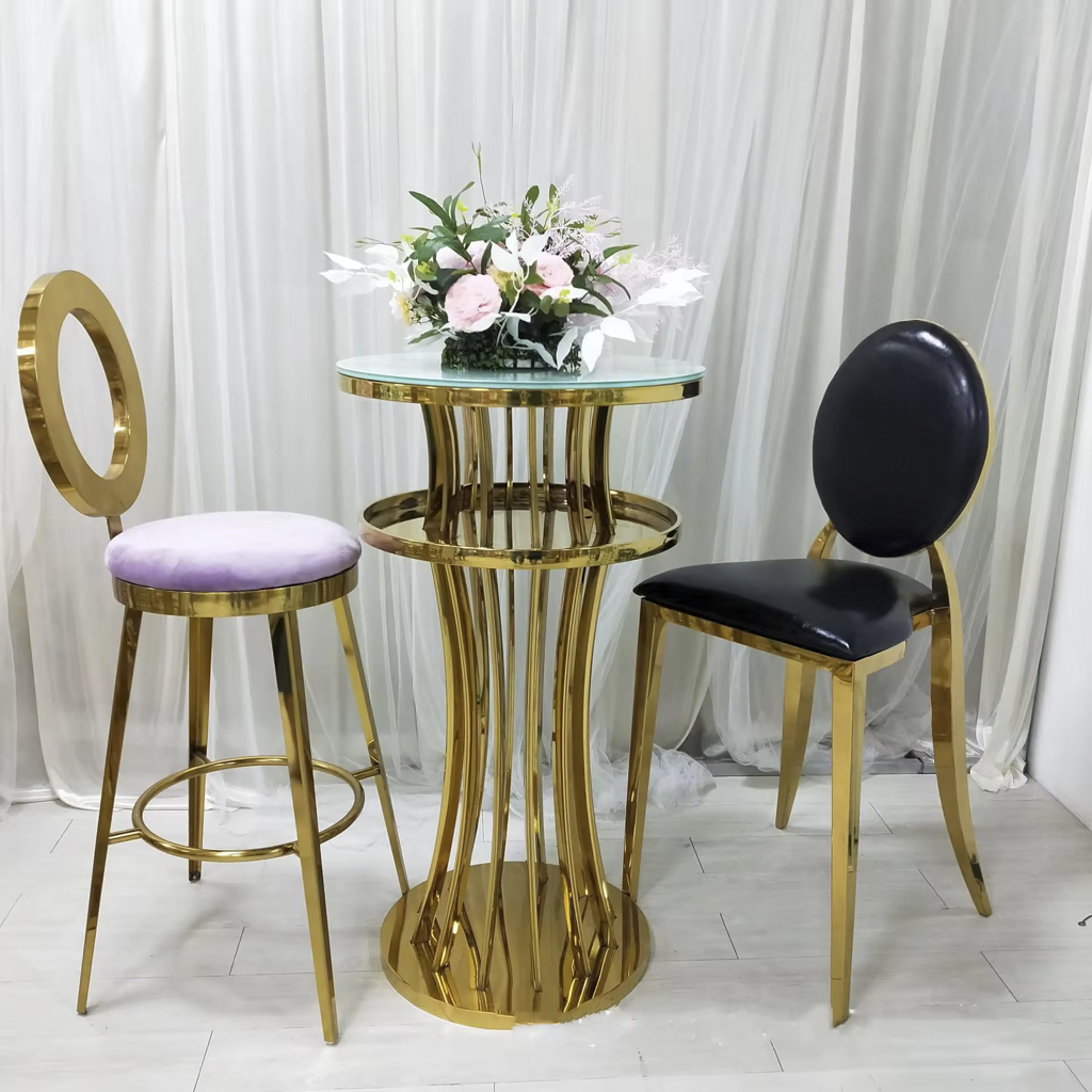 Gold Stainless Steel Bar Table with Vertical Textured Pedestal Base