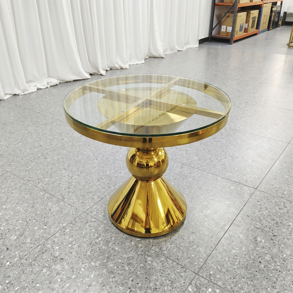 Gold Stainless Steel Round Table with Mushroom Pedestal Base Glass Top