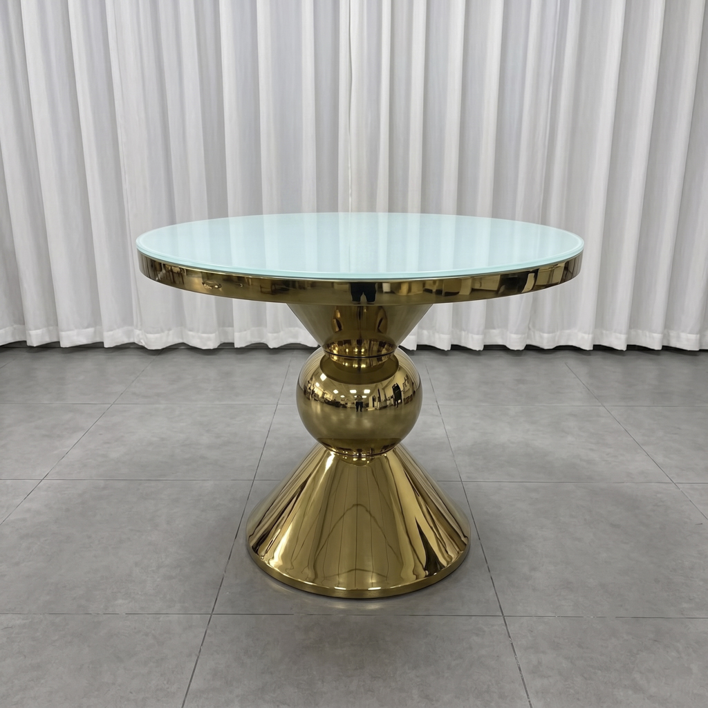 Gold Stainless Steel Round Table with Mushroom Pedestal Base Glass Top