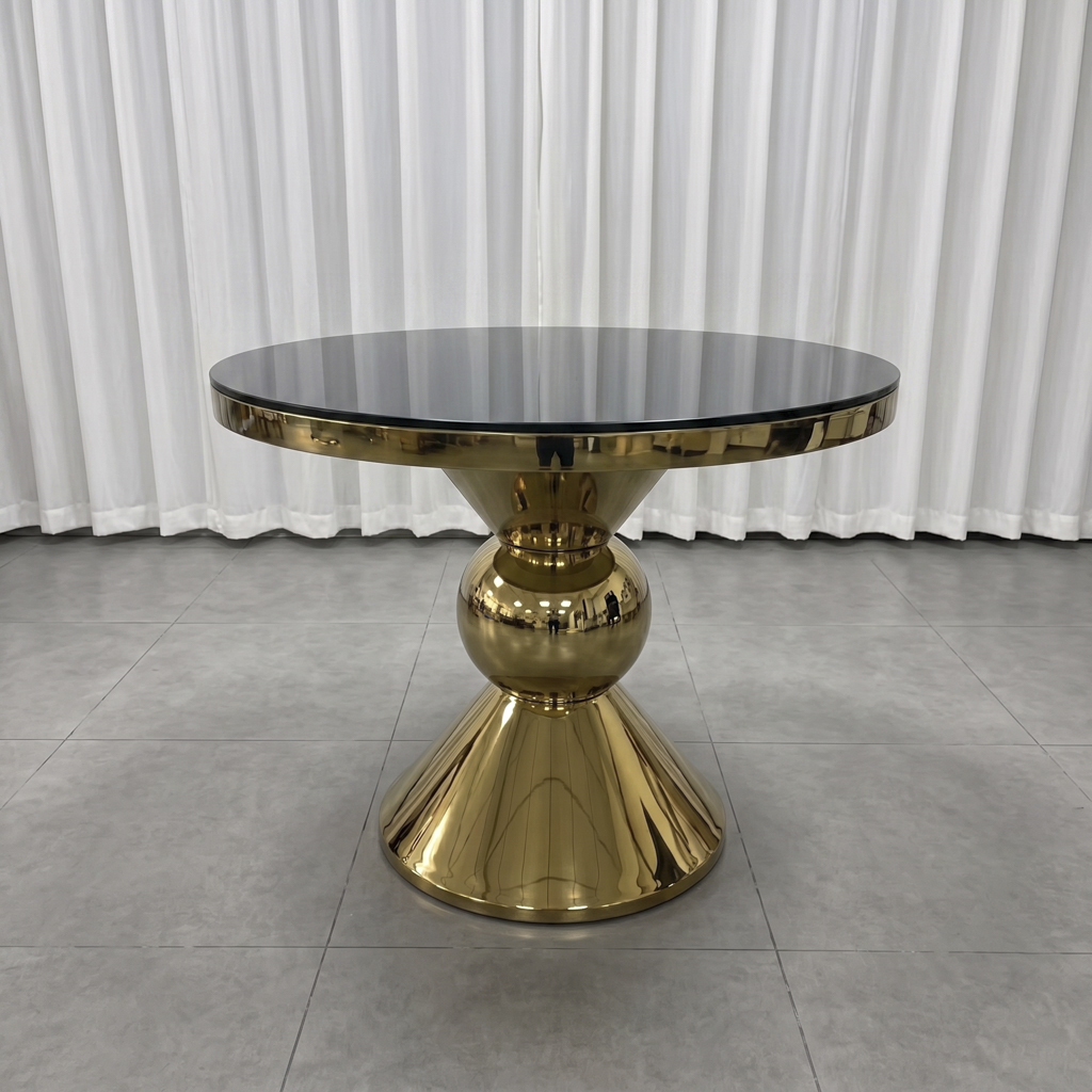 Gold Stainless Steel Round Table with Mushroom Pedestal Base Glass Top