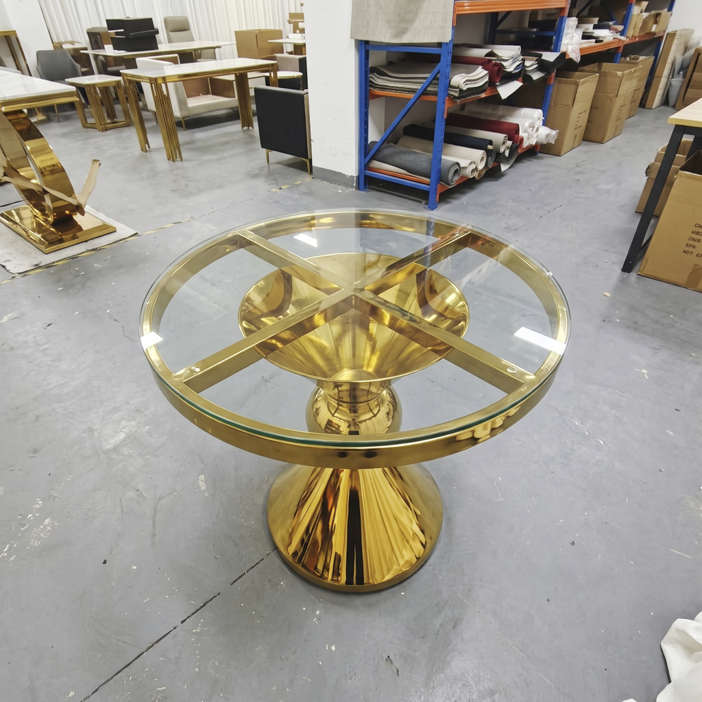 Gold Stainless Steel Round Table with Mushroom Pedestal Base Glass Top