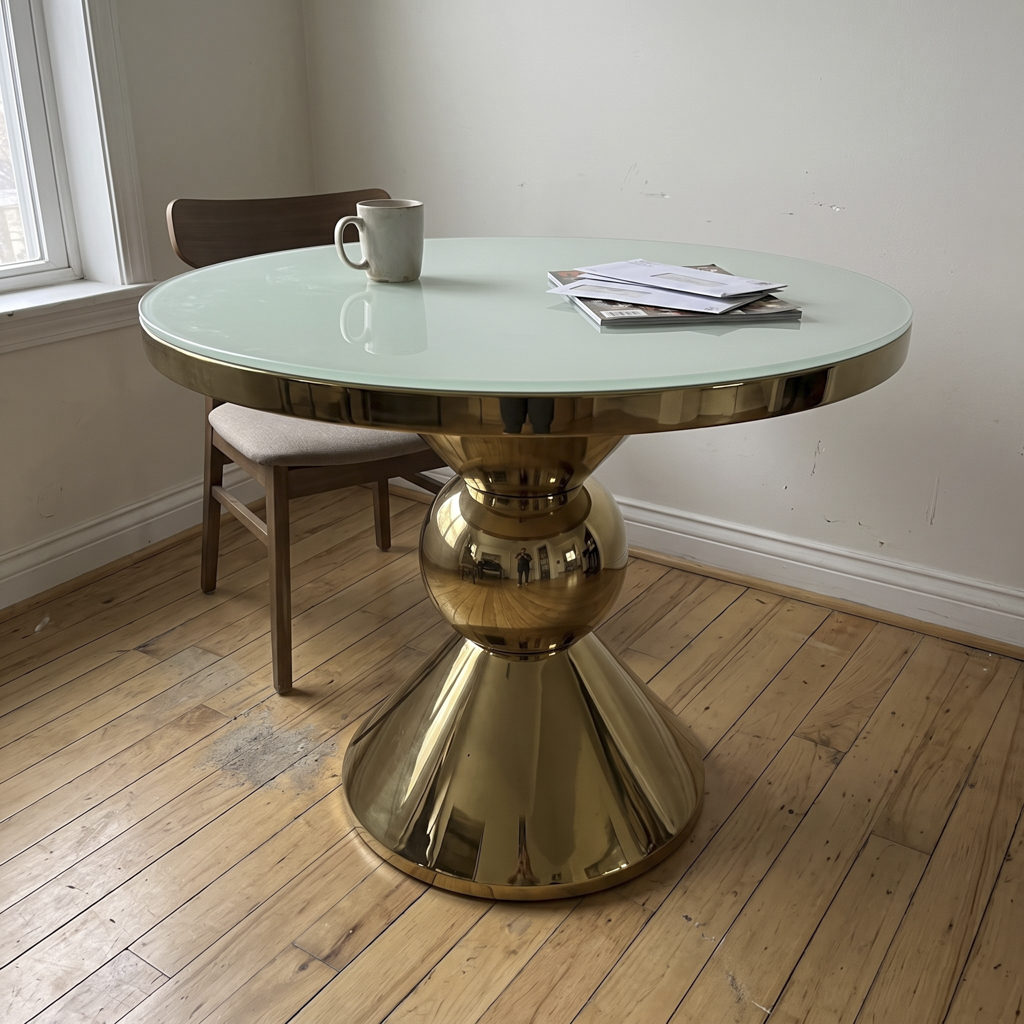 Gold Stainless Steel Round Table with Mushroom Pedestal Base Glass Top