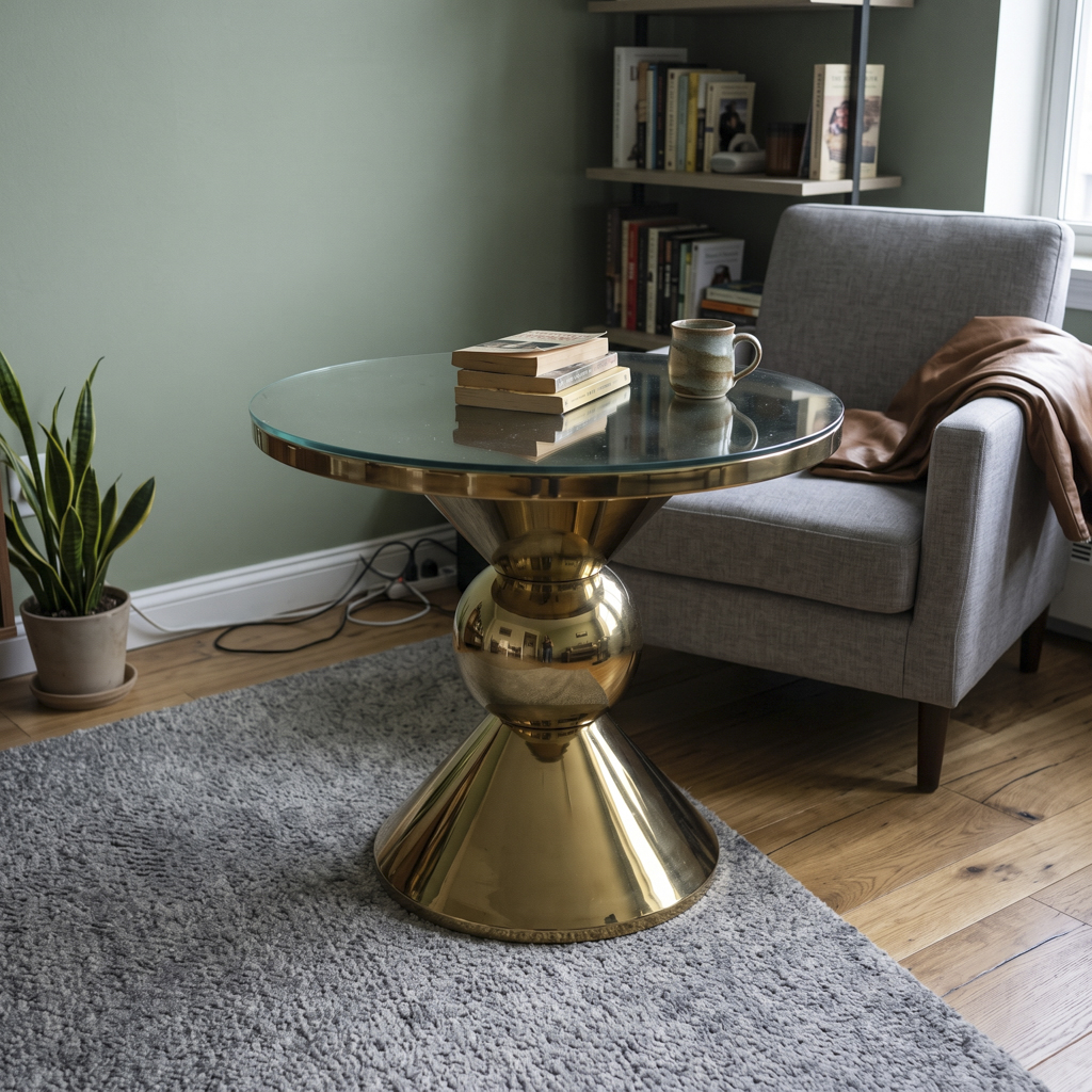 Gold Stainless Steel Round Table with Mushroom Pedestal Base Glass Top
