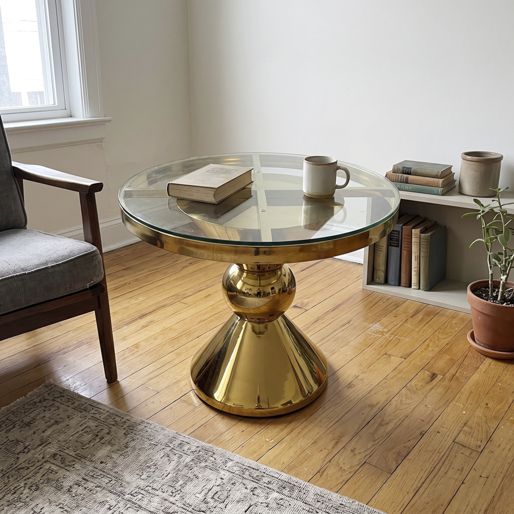 Gold Stainless Steel Round Table with Mushroom Pedestal Base Glass Top