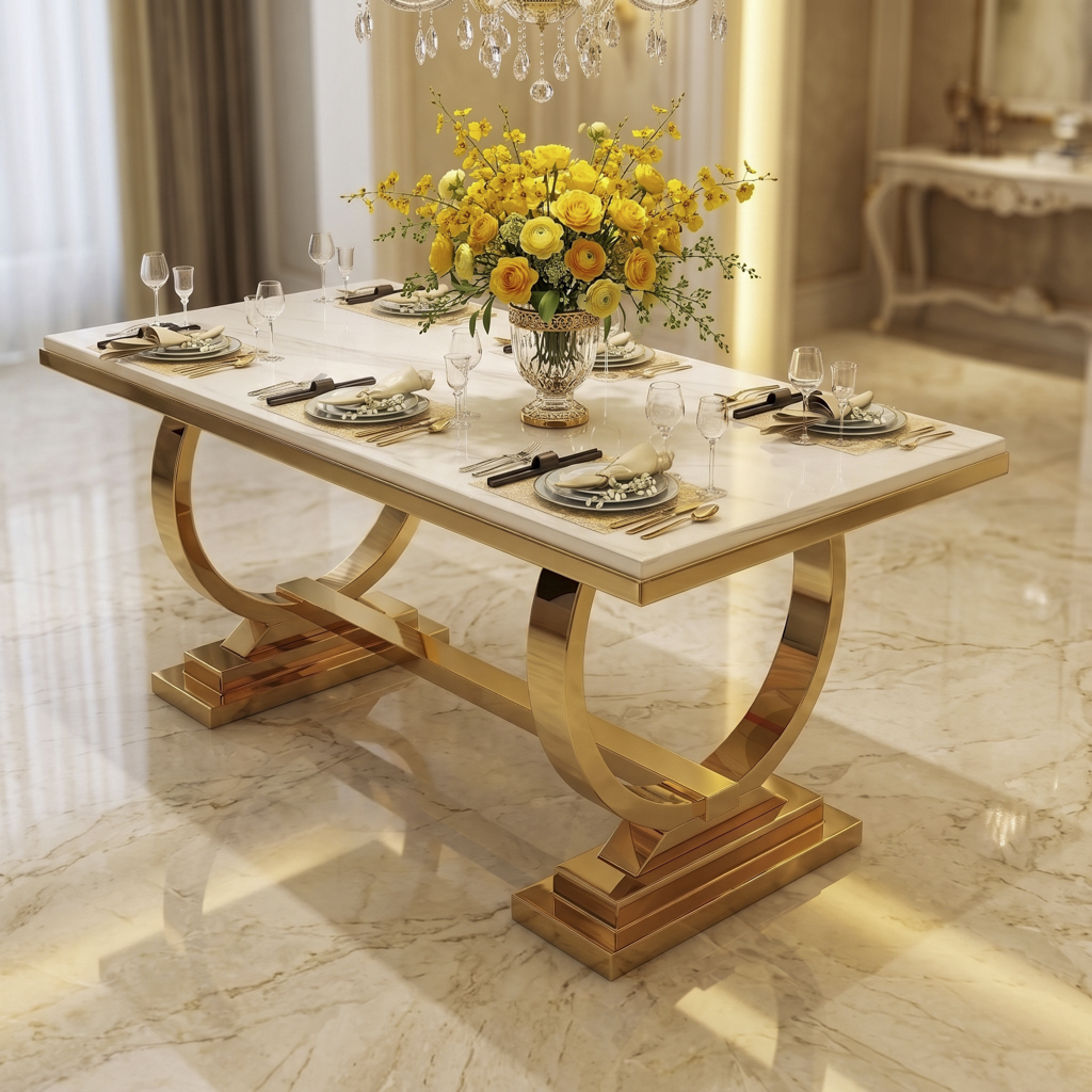 Gold Rectangular Dining Table with U-Shaped Gold Pedestal Base