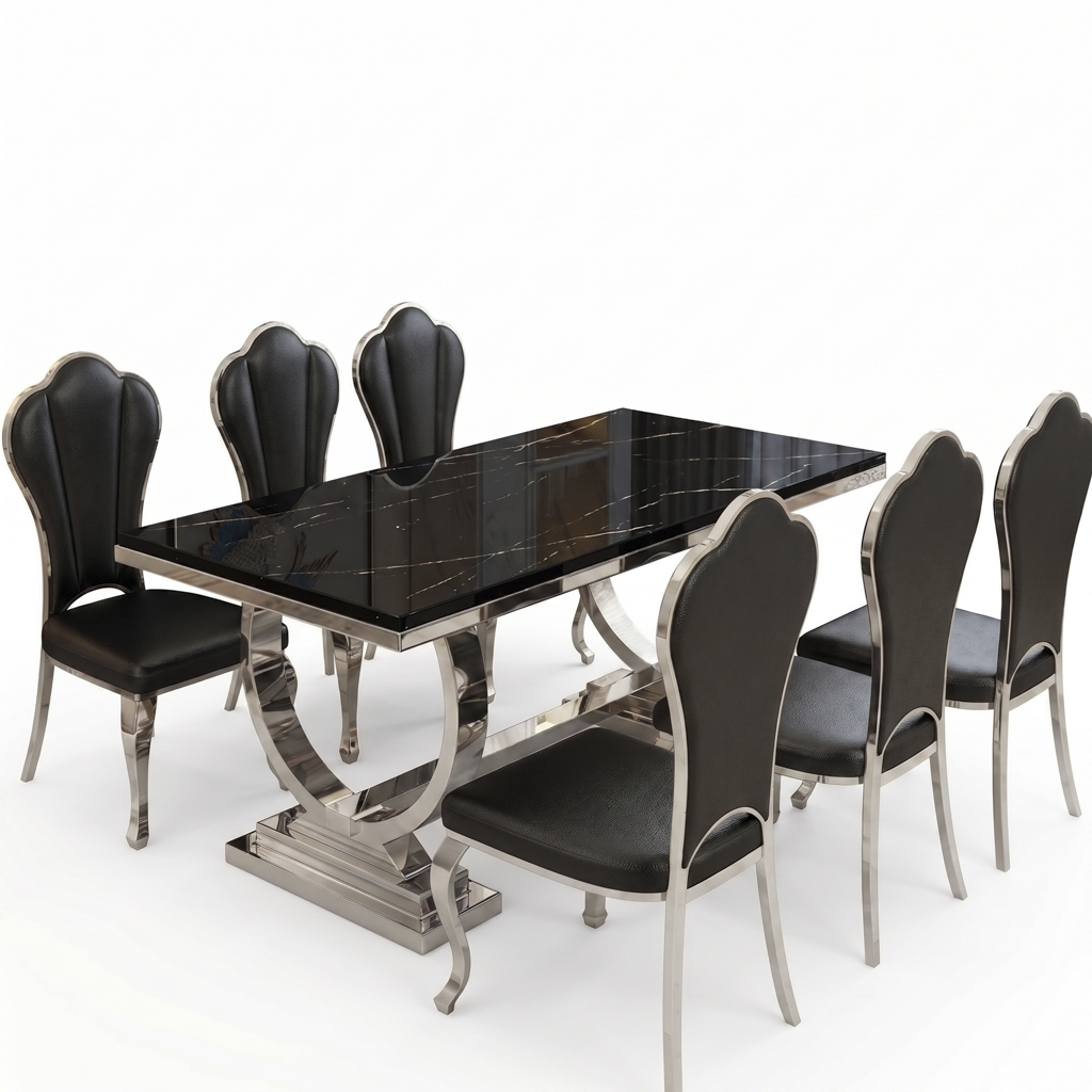 Gold Rectangular Dining Table with U-Shaped Gold Pedestal Base