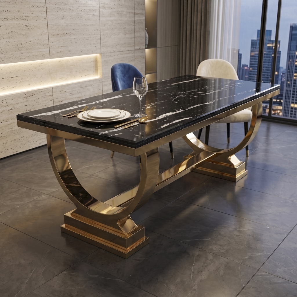 Gold Rectangular Dining Table with U-Shaped Gold Pedestal Base