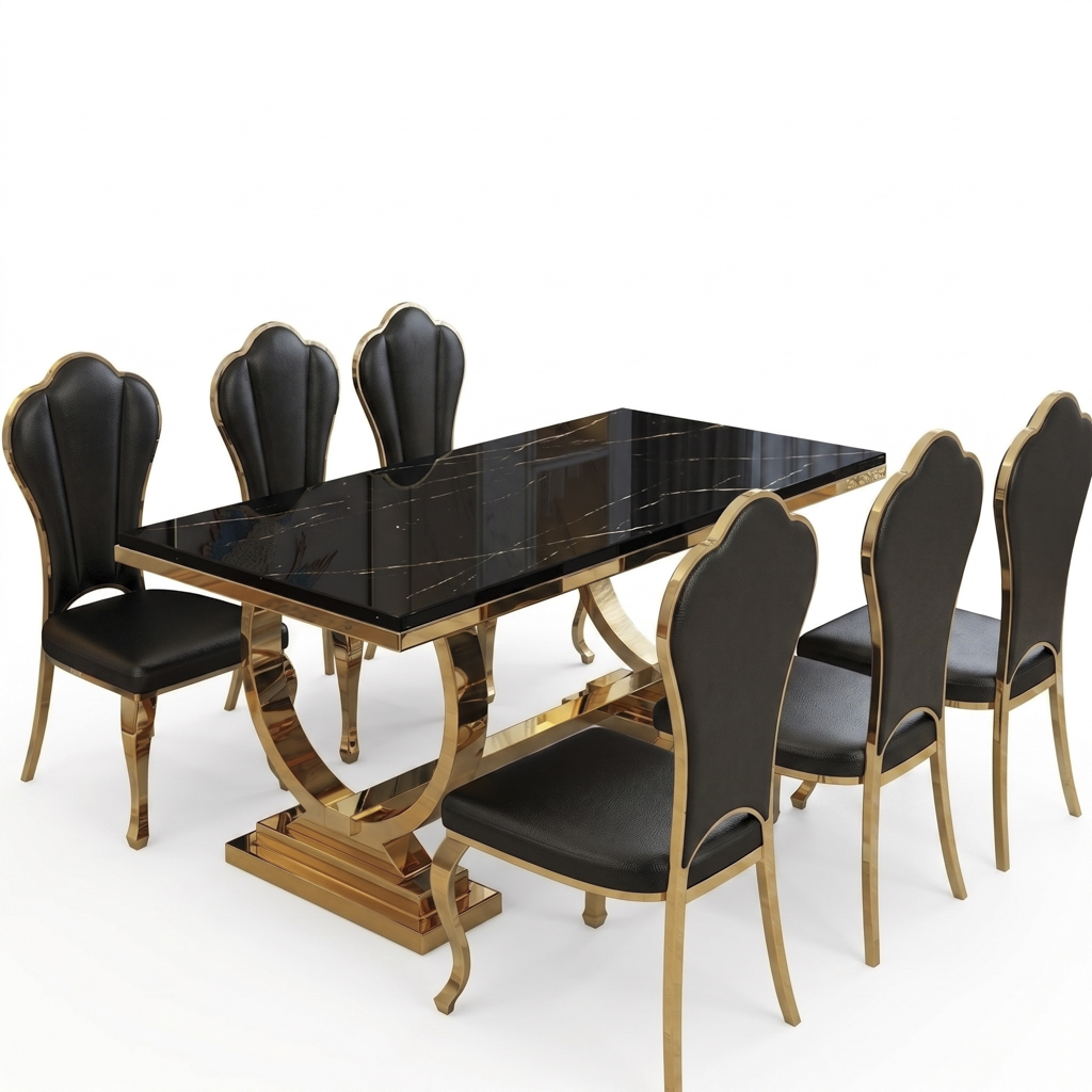 Gold Rectangular Dining Table with U-Shaped Gold Pedestal Base
