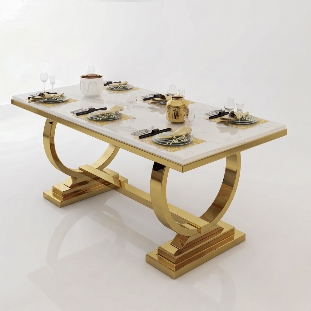 Gold Rectangular Dining Table with U-Shaped Gold Pedestal Base
