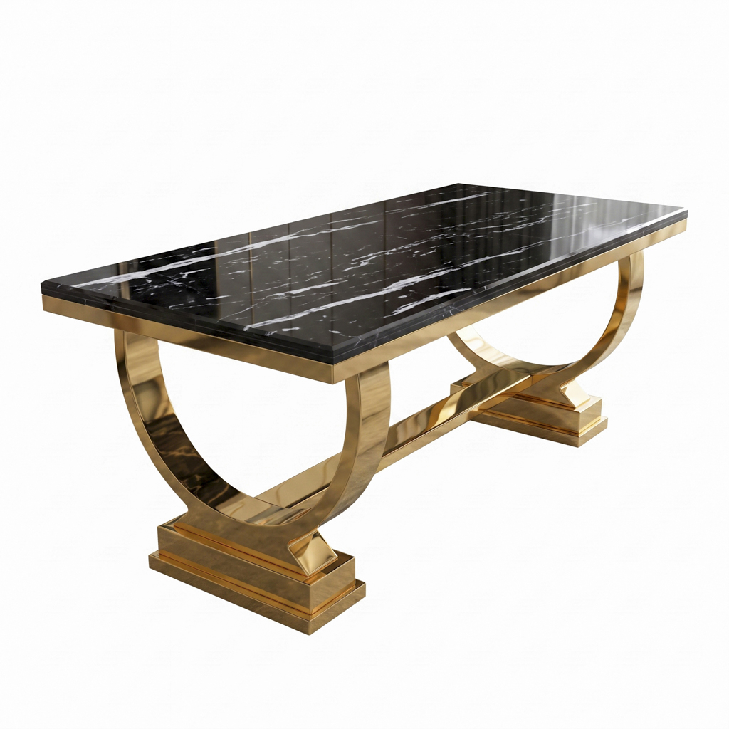 Gold Rectangular Dining Table with U-Shaped Gold Pedestal Base