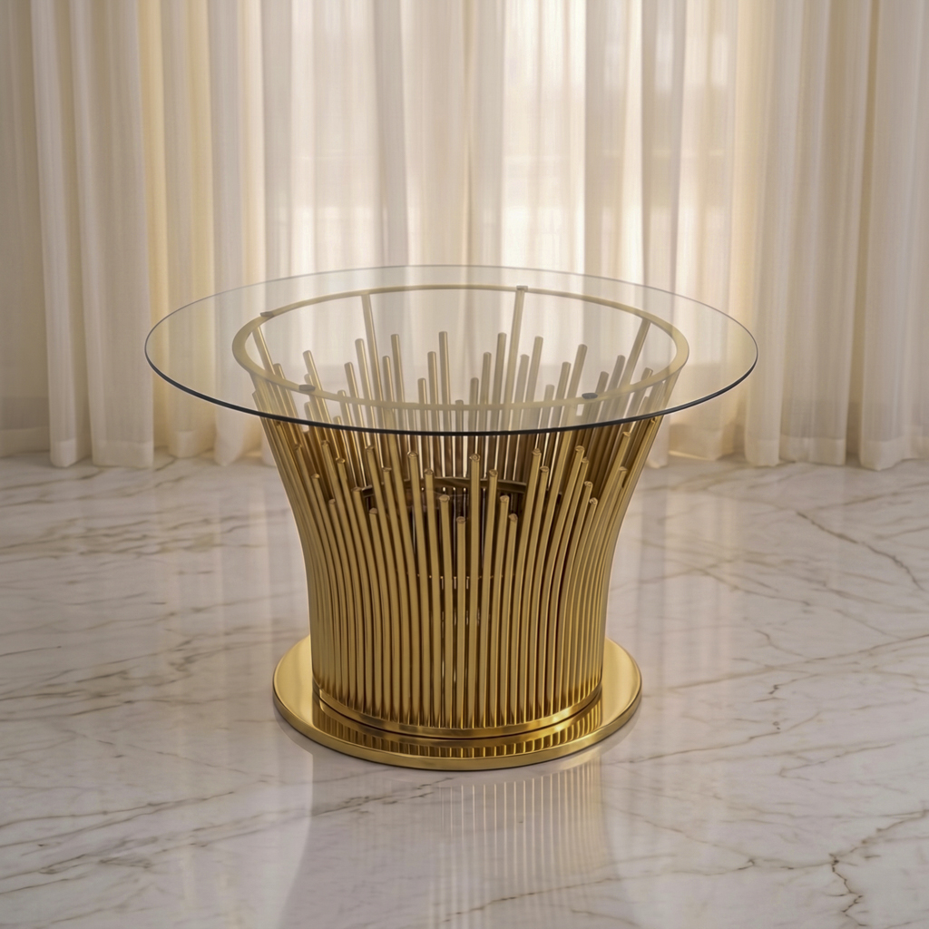 Round Glass Side Table with Vertical Cluster Rod Stainless Steel Base