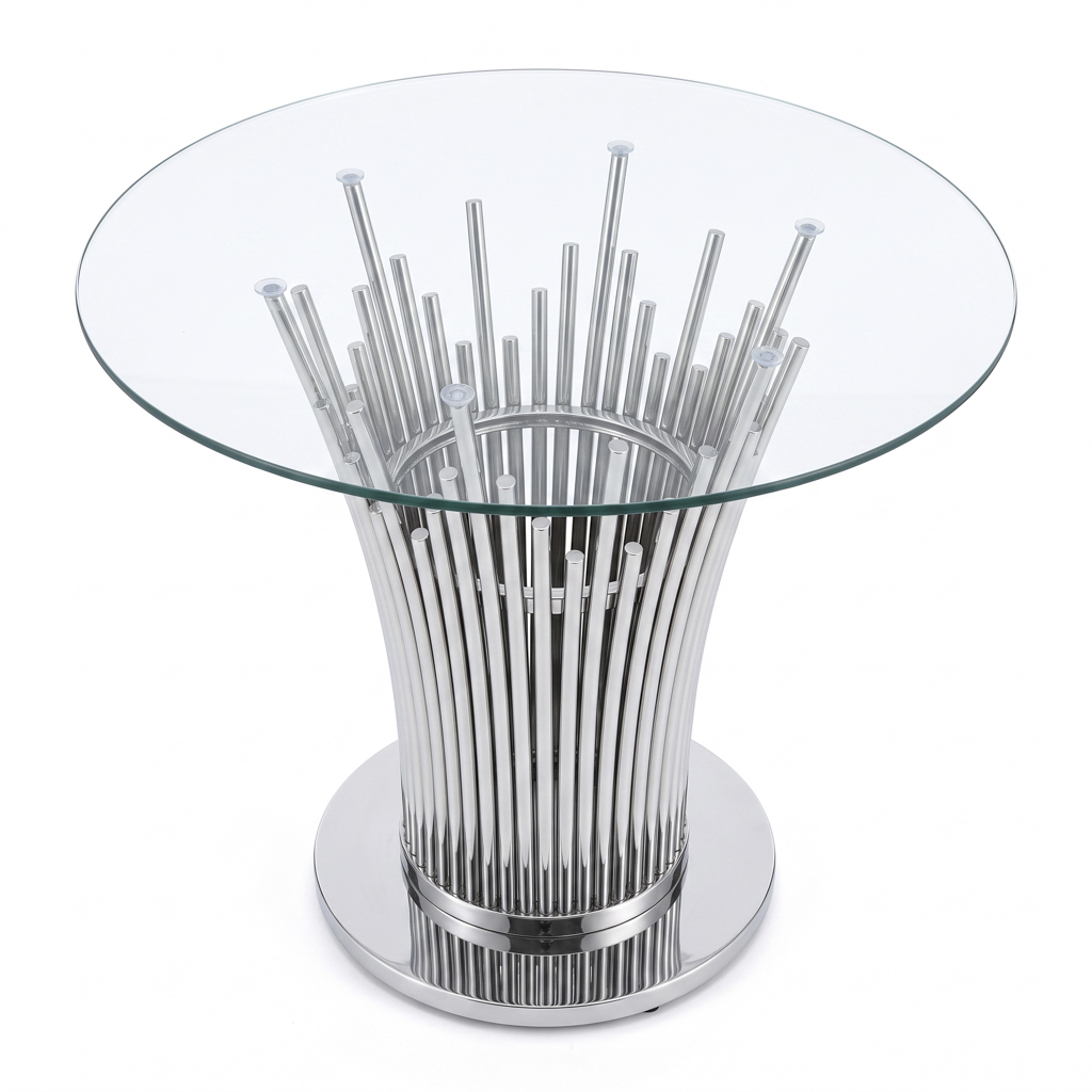 Round Glass Side Table with Vertical Cluster Rod Stainless Steel Base