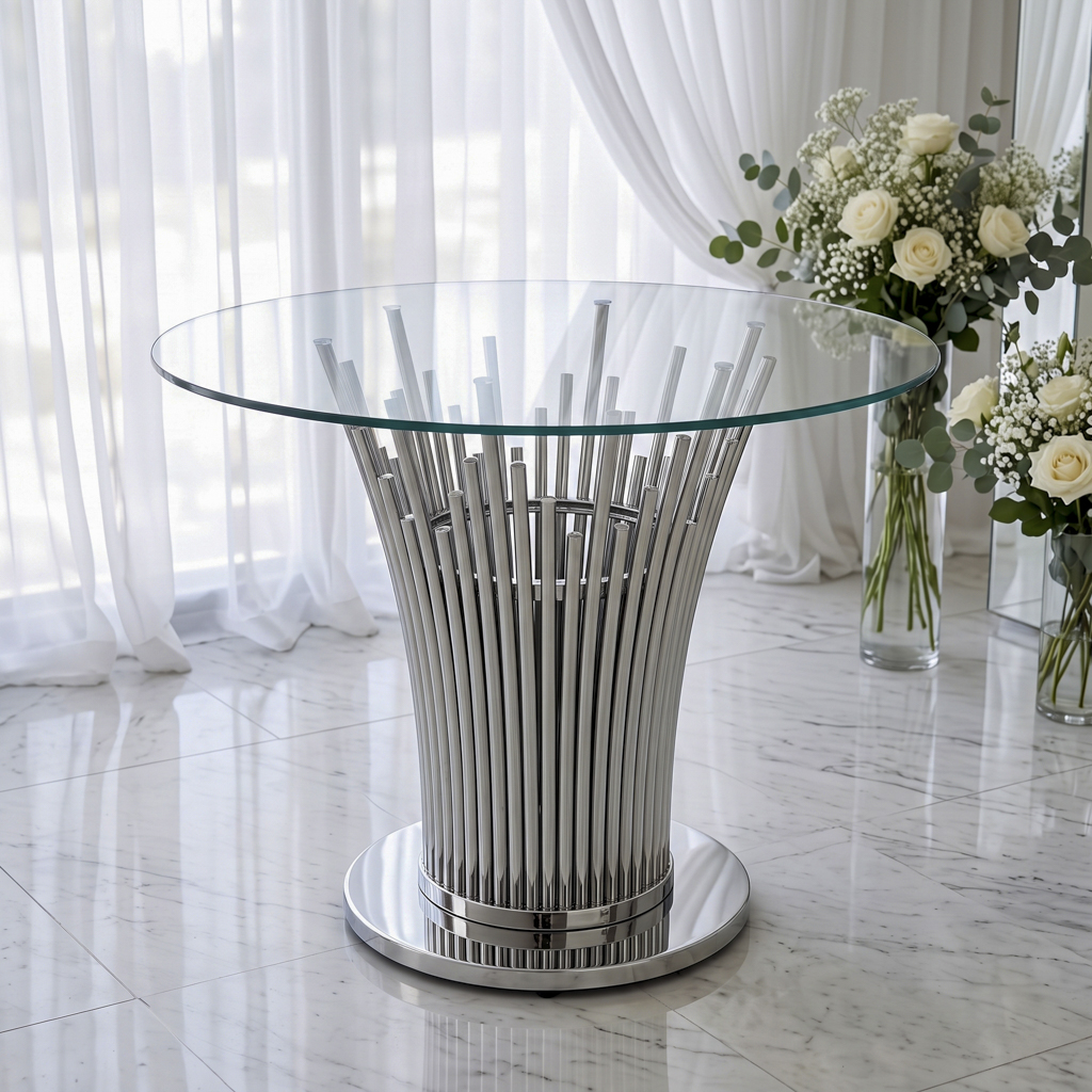 Round Glass Side Table with Vertical Cluster Rod Stainless Steel Base