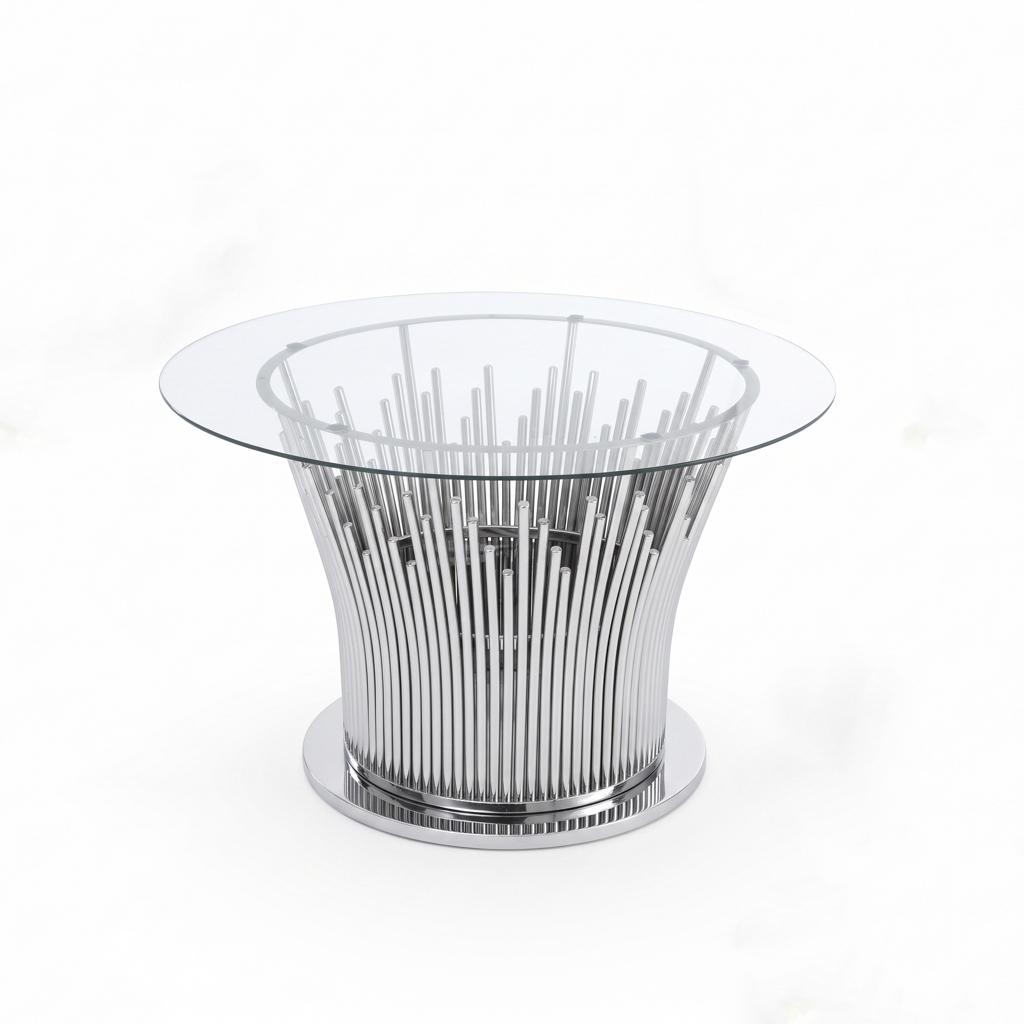Round Glass Side Table with Vertical Cluster Rod Stainless Steel Base