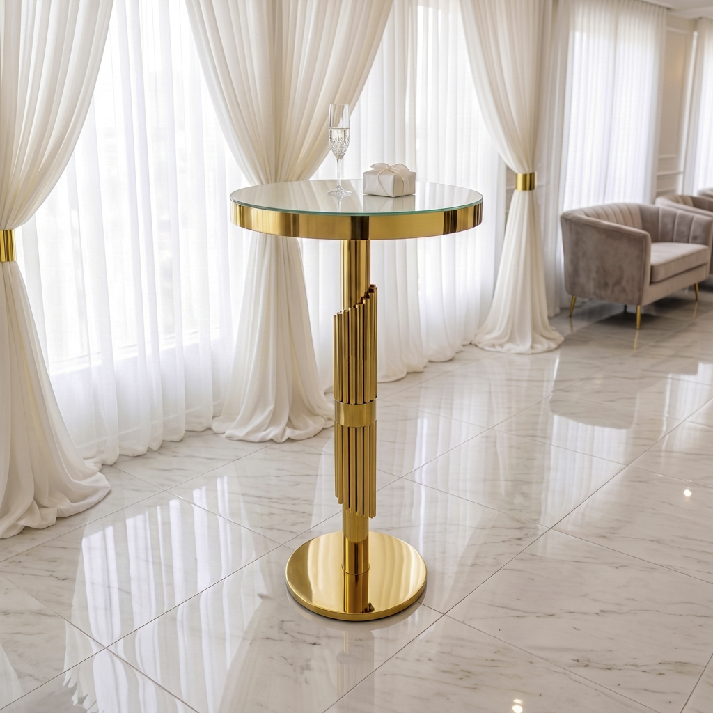 Vertical Textured Column Tall Round Side Table – Stainless Steel Frame