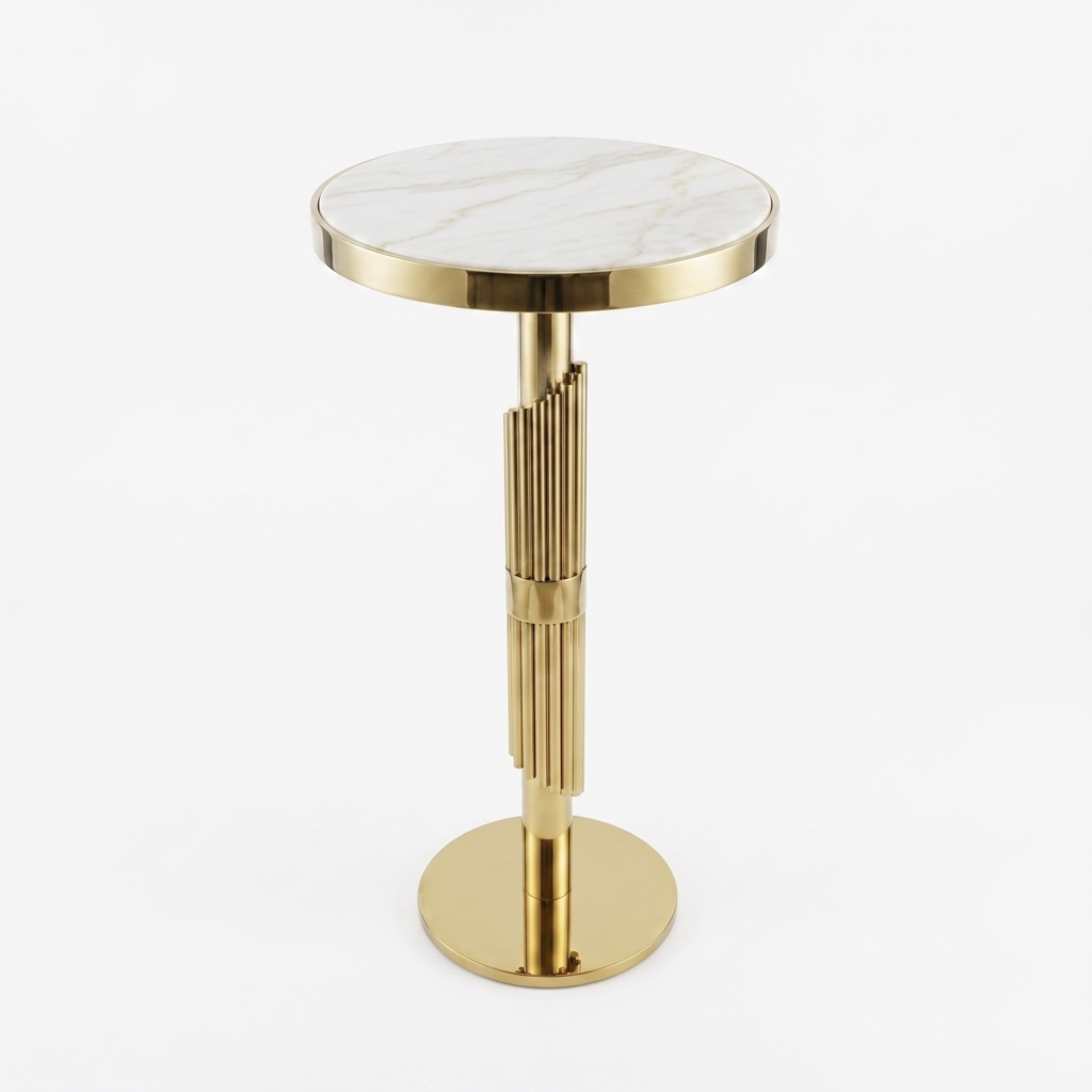 Vertical Textured Column Tall Round Side Table – Stainless Steel Frame