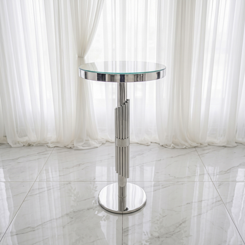 Vertical Textured Column Tall Round Side Table – Stainless Steel Frame