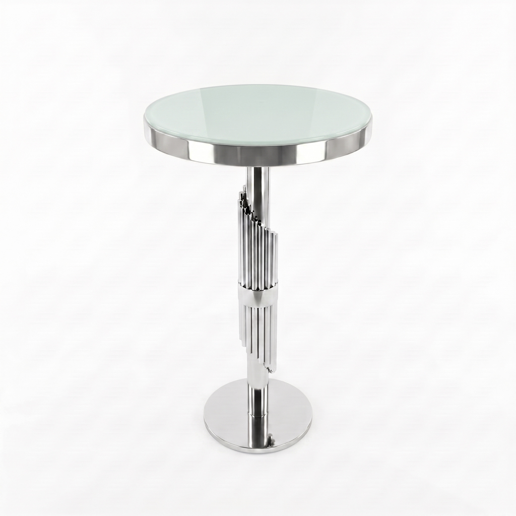 Vertical Textured Column Tall Round Side Table – Stainless Steel Frame