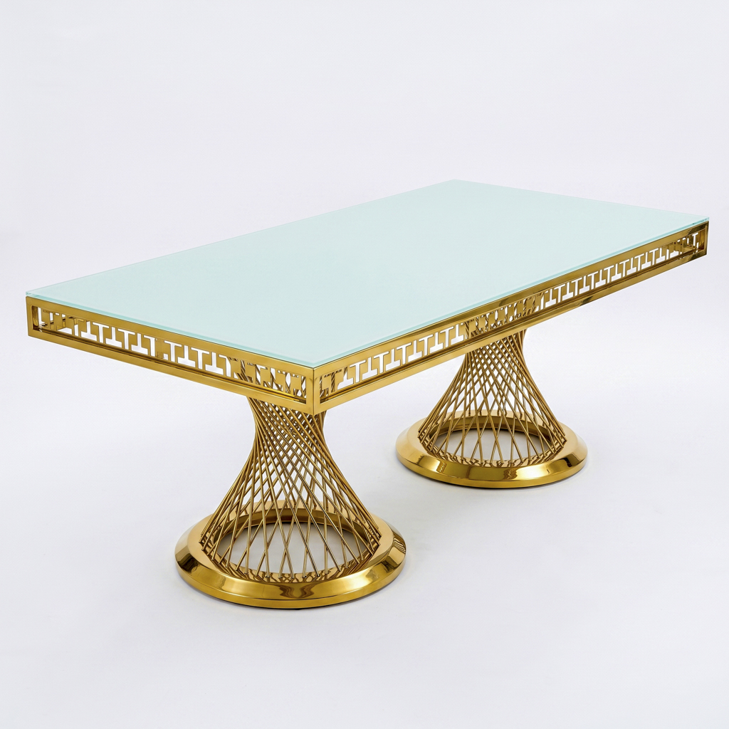 Gold Stainless Steel Rectangular Dining Table with Hourglass Pedestal Bases