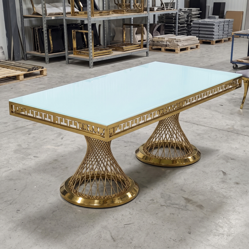 Gold Stainless Steel Rectangular Dining Table with Hourglass Pedestal Bases