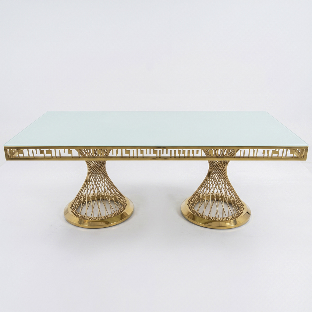 Gold Stainless Steel Rectangular Dining Table with Hourglass Pedestal Bases