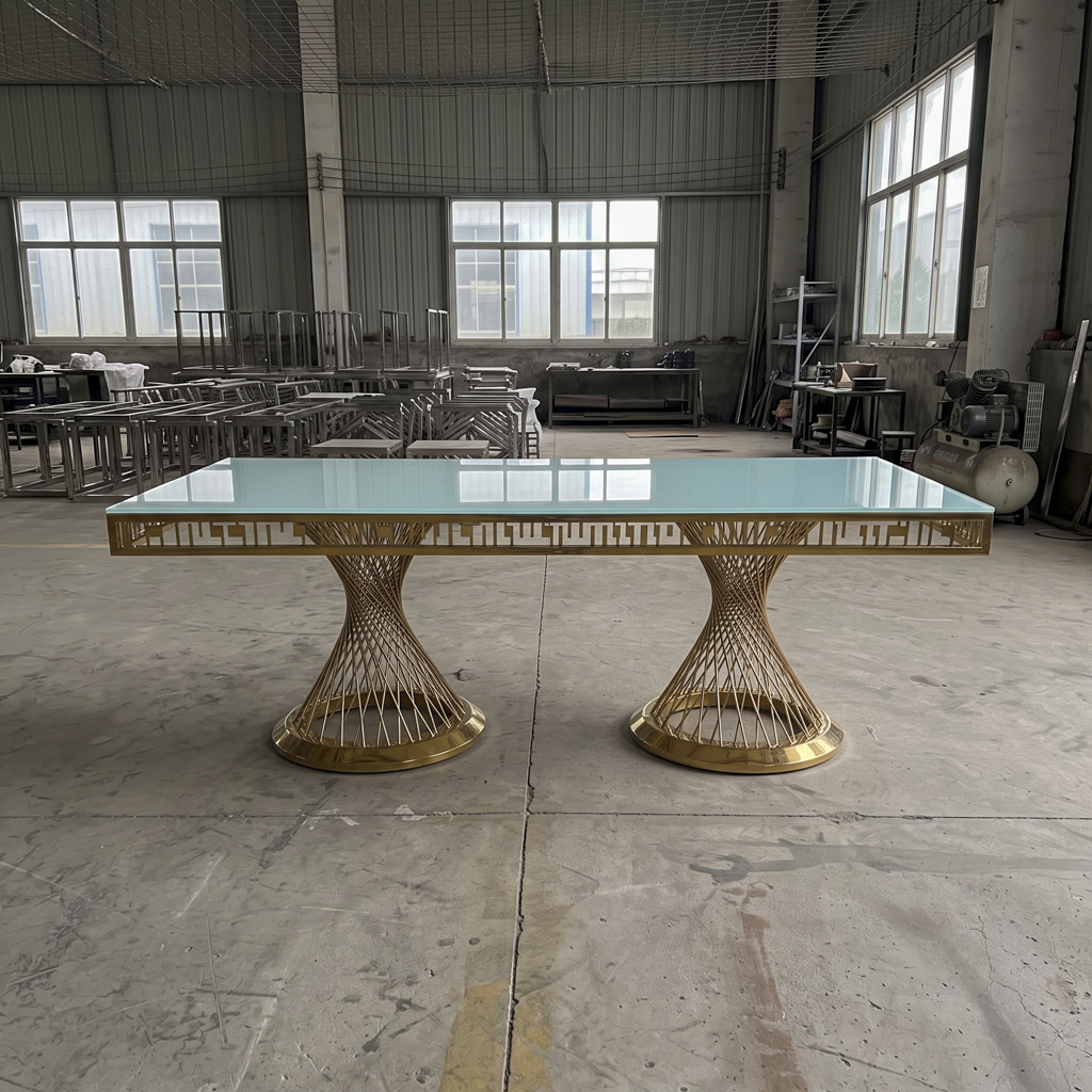 Gold Stainless Steel Rectangular Dining Table with Hourglass Pedestal Bases