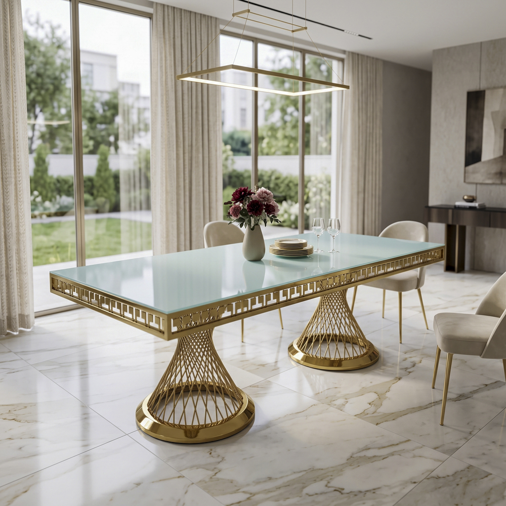Gold Stainless Steel Rectangular Dining Table with Hourglass Pedestal Bases