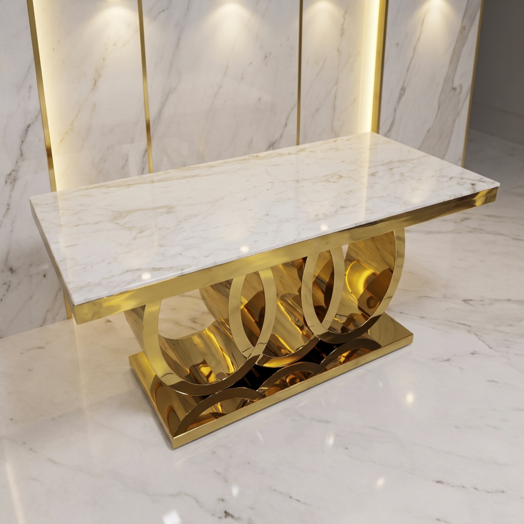 Modern Sculptural Rectangular Dining Table – Gold Stainless Steel Artistic Base