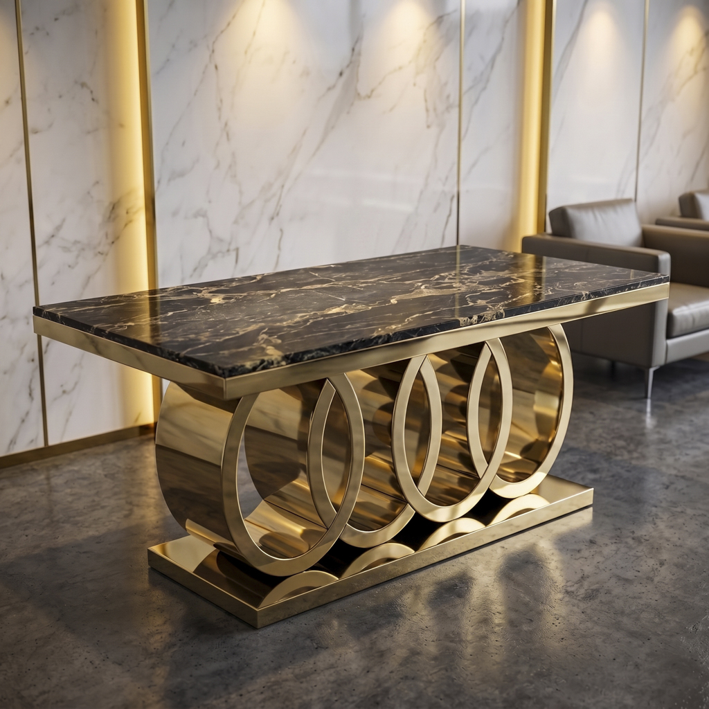 Modern Sculptural Rectangular Dining Table – Gold Stainless Steel Artistic Base