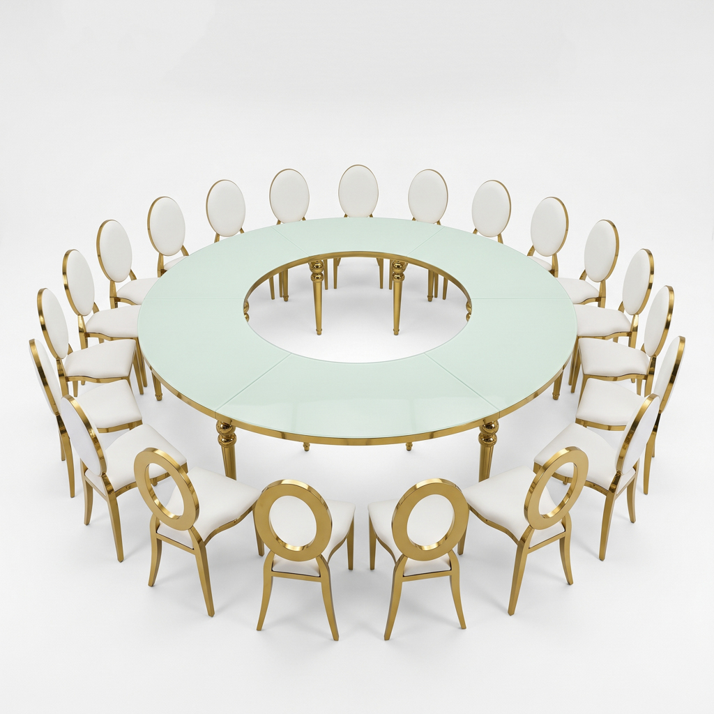 Gold Beaded Leg Serpentine Banquet Table – Curved & Round Event Table