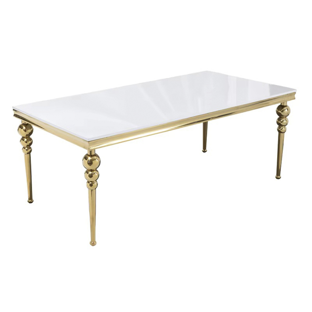 Gold Rectangular Dining Table with Decorative Beaded Ball Legs