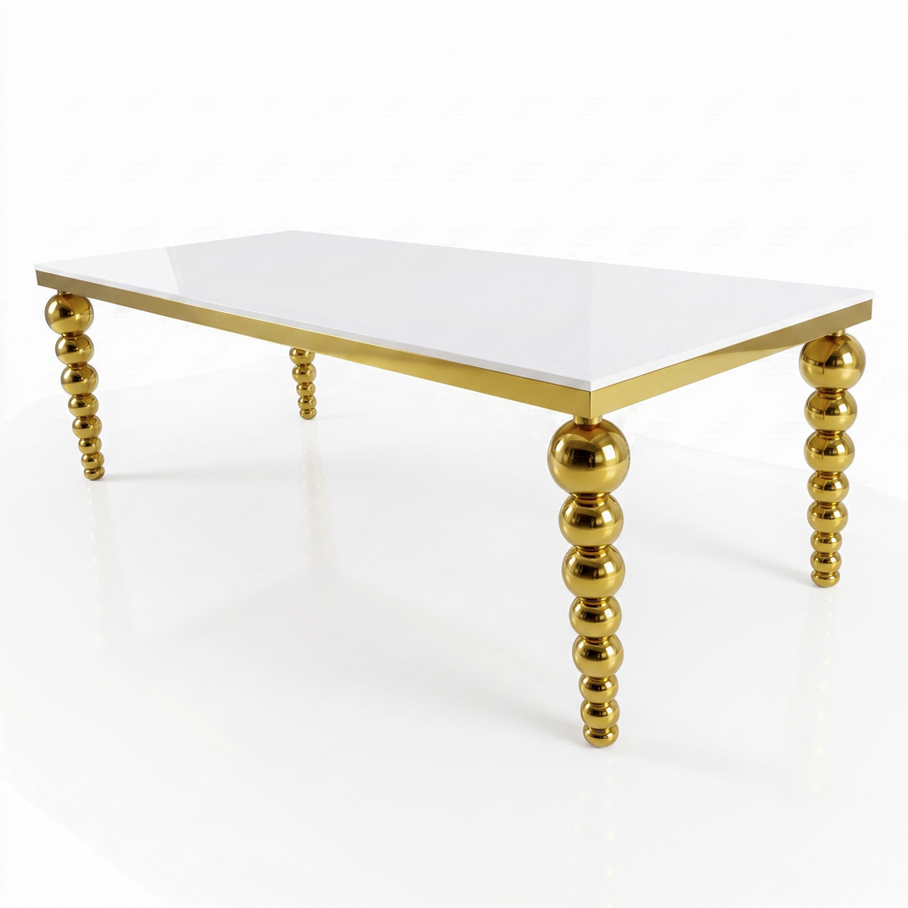 Gold Rectangular Dining Table with Decorative Beaded Ball Legs