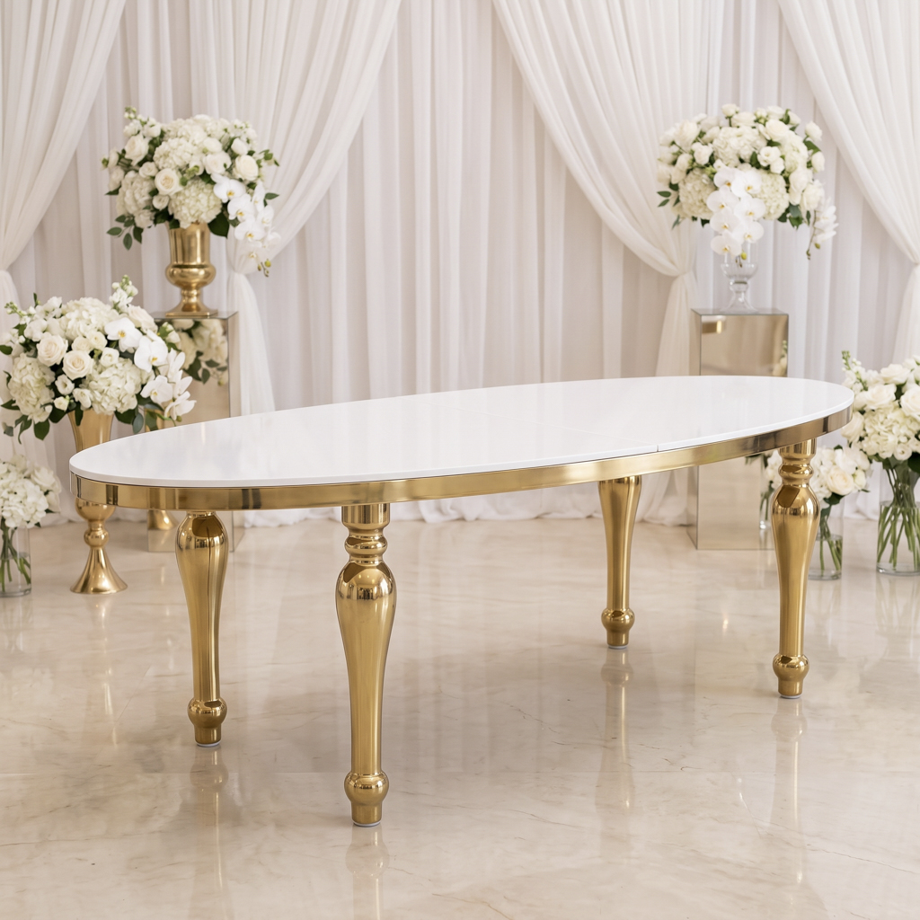 Long Oval Stainless Steel Dining Table with Gold Carved Legs