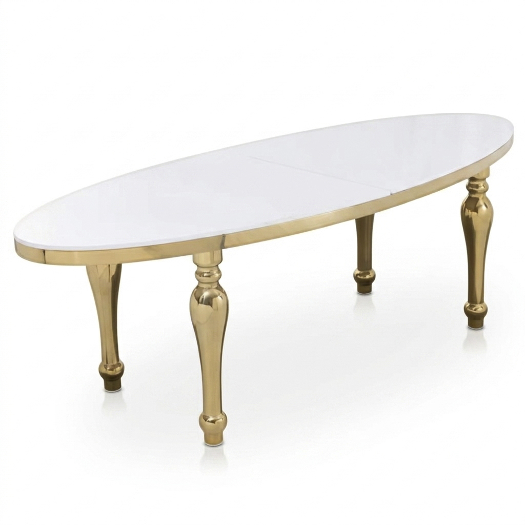 Long Oval Stainless Steel Dining Table with Gold Carved Legs