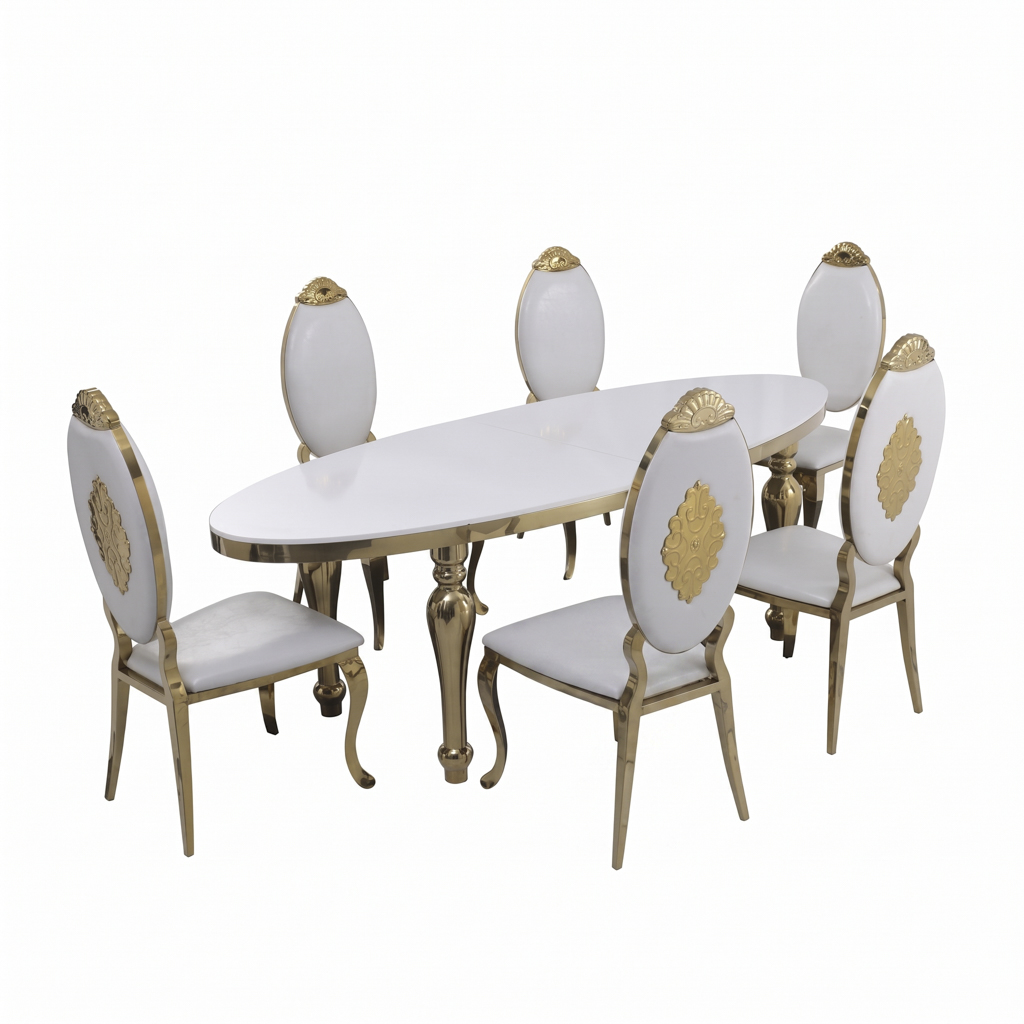 Long Oval Stainless Steel Dining Table with Gold Carved Legs