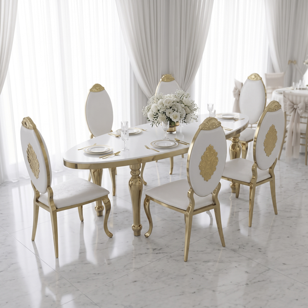 Long Oval Stainless Steel Dining Table with Gold Carved Legs