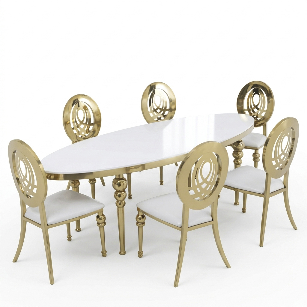 Long Oval Stainless Steel Dining Table with Gold Carved Legs