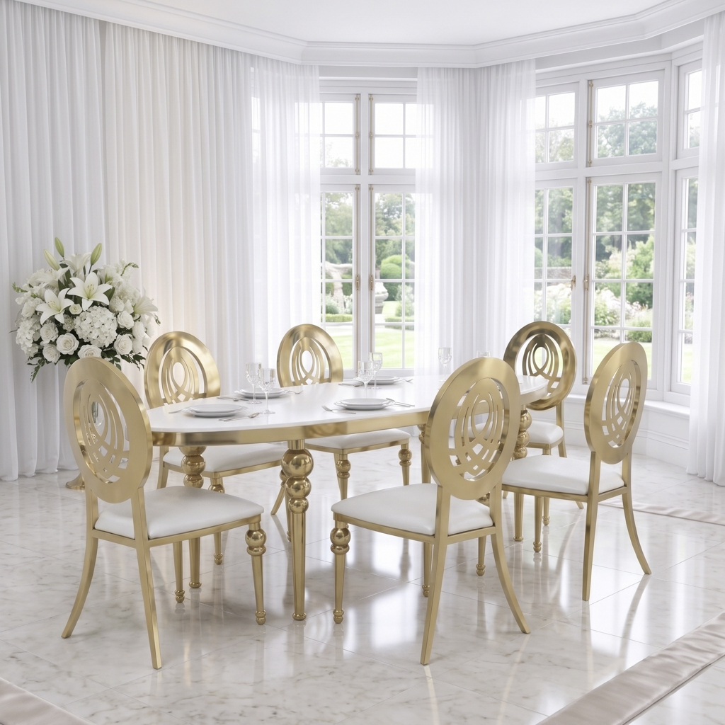 Long Oval Stainless Steel Dining Table with Gold Carved Legs