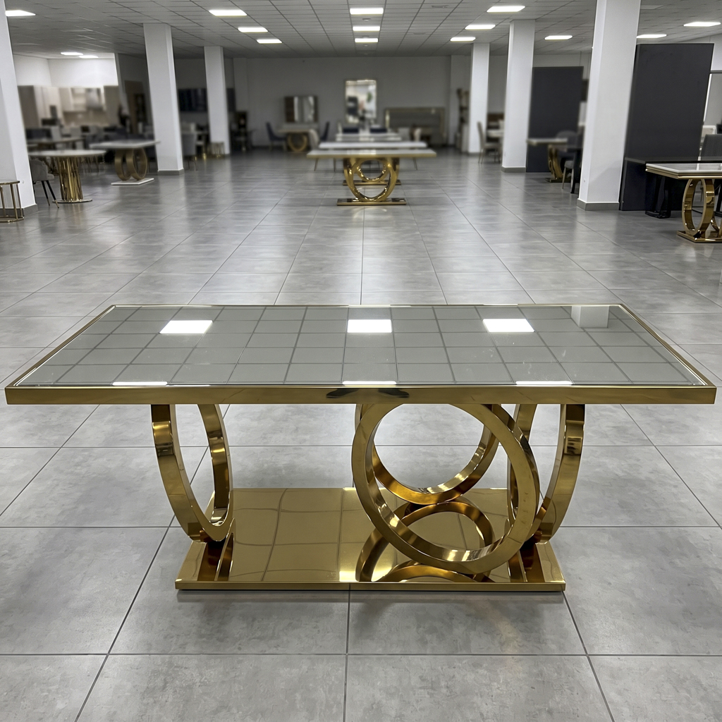 Gold Titanium Stainless Steel Rectangular Dining Table with Interlocking Ring Base