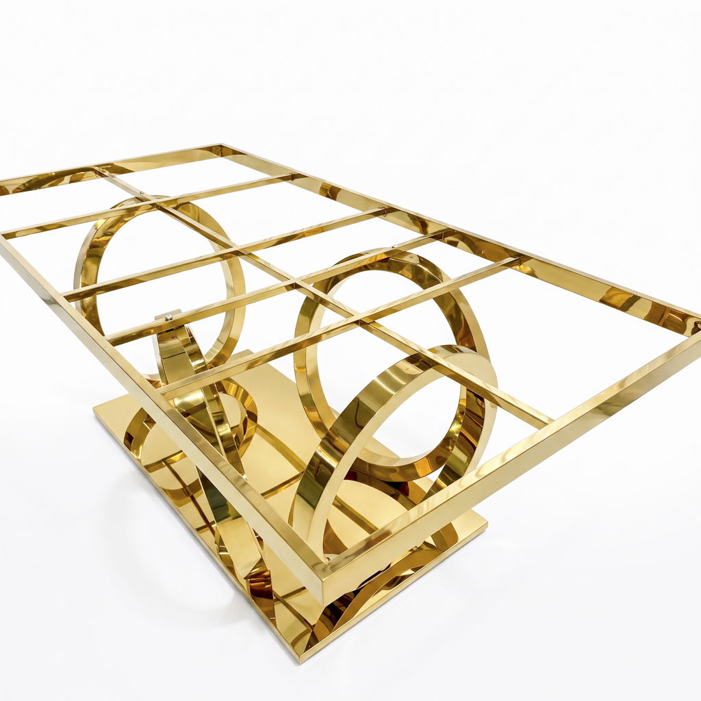 Gold Titanium Stainless Steel Rectangular Dining Table with Interlocking Ring Base