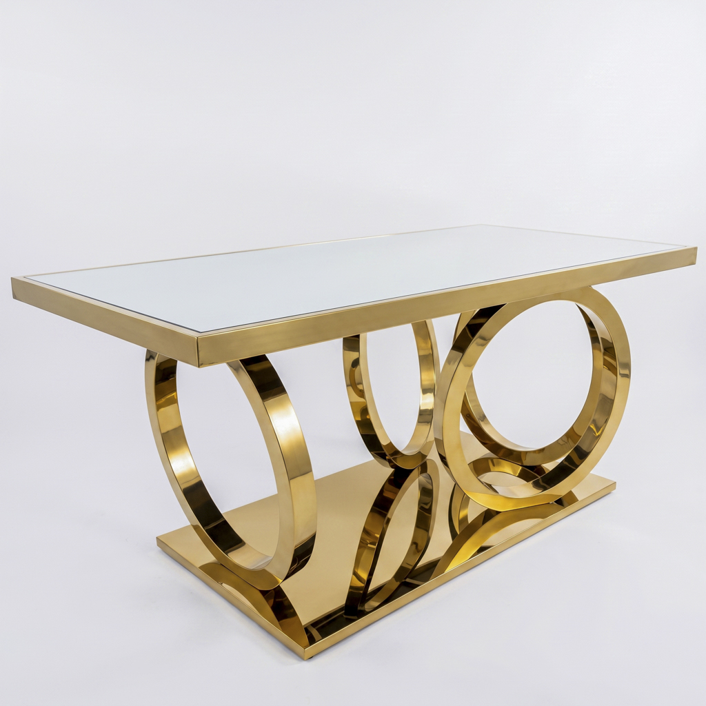 Gold Titanium Stainless Steel Rectangular Dining Table with Interlocking Ring Base