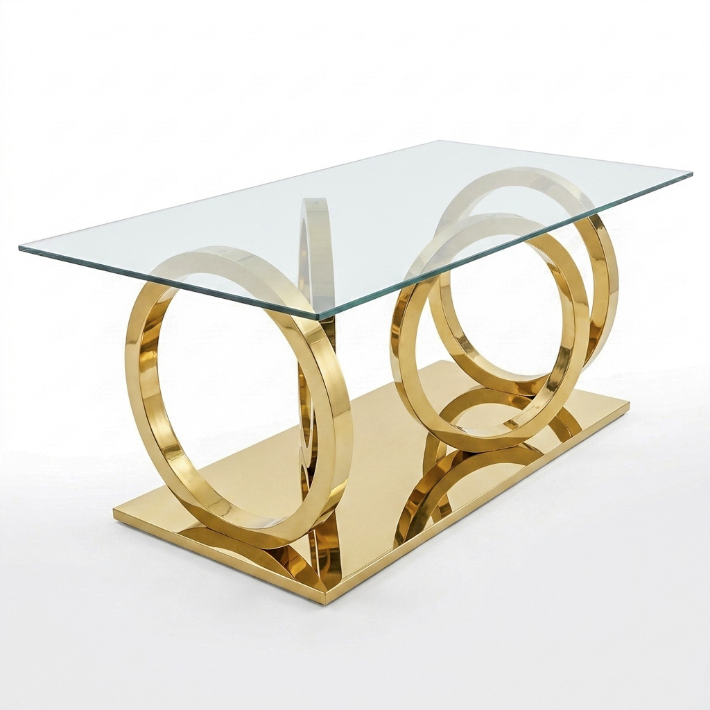 Gold Titanium Stainless Steel Rectangular Dining Table with Interlocking Ring Base