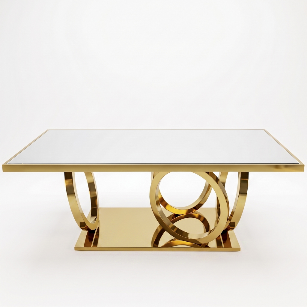 Gold Titanium Stainless Steel Rectangular Dining Table with Interlocking Ring Base