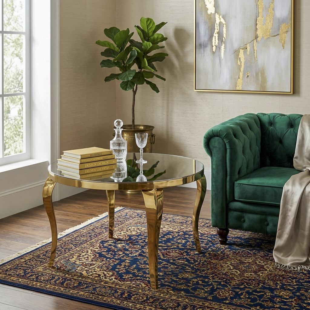 European Style Curved Leg Round Side Table – Gold Stainless Steel Frame
