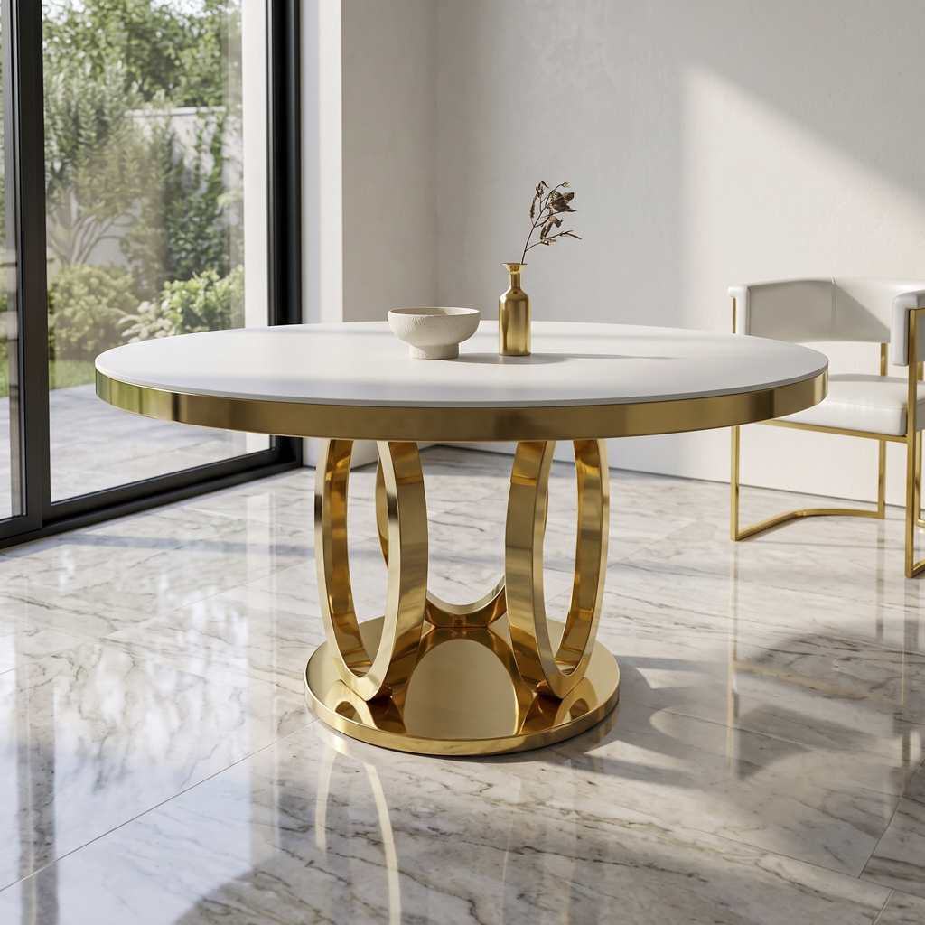 Round Dining Table with Titanium Gold Stainless Steel Ring Pedestal Base